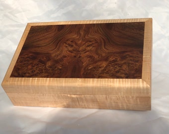 Hand crafted curly maple and Carpathian elm burl box