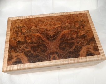 Hand crafted Curly maple and Peruvian Pepperwood burl box