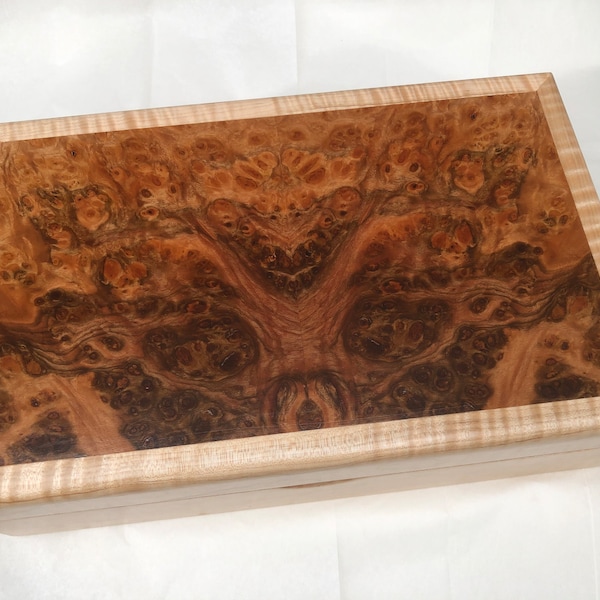 Hand crafted Curly maple and Peruvian Pepperwood burl box