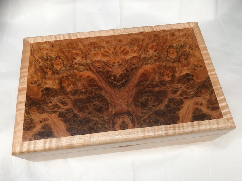 Hand crafted Curly maple and Peruvian Pepperwood burl box image 1