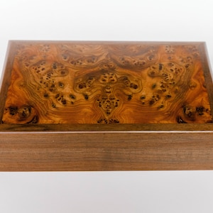 Hand crafted walnut and carpathian elm burl box