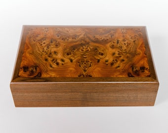 Hand crafted walnut and carpathian elm burl box