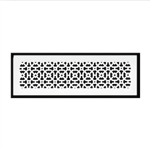 May include: Rectangular white vent cover with a black geometric pattern, framed by a black border. The design features a repeating pattern of interlocking shapes, creating a decorative and functional element for home decor.