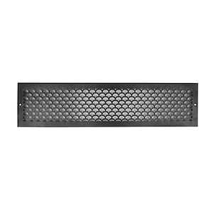 May include: Black metal vent cover with a decorative, scale-like pattern. The vent cover is rectangular and has a slightly rounded edge.