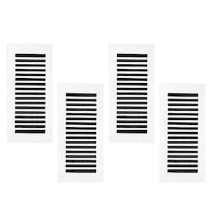 Puede incluir: Cuatro cubiertas rectangulares blancas para rejillas de ventilación con listones negros horizontales. Las rejillas están espaciadas uniformemente y dispuestas sobre un fondo blanco. El diseño es simple y moderno, adecuado para la decoración del hogar.