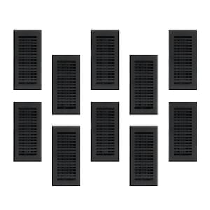 May include: A collection of ten rectangular black air vent covers. Each vent has a series of horizontal slots for airflow. The vents are evenly spaced against a white background, creating a clean and organized display.