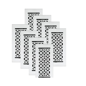 Könnte beinhalten: Eine Sammlung weißer, rechteckiger Lüftungsgitter mit einem schwarzen geometrischen Muster. Die Gitter sind in einem geschichteten, überlappenden Design angeordnet, das ihr dekoratives, durchbrochenes Design zeigt. Die Gitter sind aus Metall.