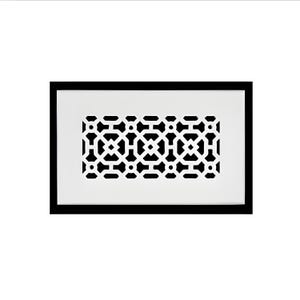 May include: Rectangular white vent cover with a black geometric pattern and a black frame. The pattern is a series of interlocking shapes, creating a decorative design. The vent cover is likely for home decor.