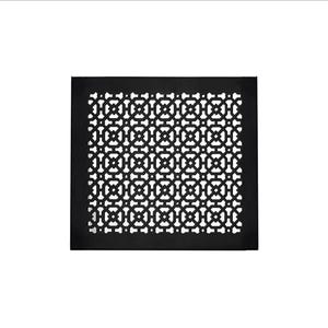 May include: A square black metal floor register featuring a repeating geometric lattice pattern. The design consists of interconnected circles and squares with small circular cutouts, framed by a solid flat border on all four sides of the vent.
