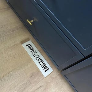 Puede incluir: Una rejilla de ventilación rectangular blanca con un patrón geométrico decorativo. La rejilla de ventilación está instalada en un suelo de madera junto a un armario azul oscuro con una manija dorada.