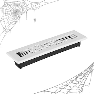 May include: A white and black rectangular air vent with a spiderweb design. The vent has a white frame and a black base. The spiderweb design is in the center of the vent. The image also includes spiderwebs and a spider in the background.