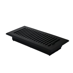 May include: A rectangular black floor vent with a series of parallel slots. The vent has a slightly raised frame and a small lever on the side. The design is simple and modern, suitable for various interior styles.