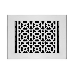 May include: White metal vent cover with a black geometric pattern. The vent cover has a rectangular shape and is designed to fit over a standard vent opening.