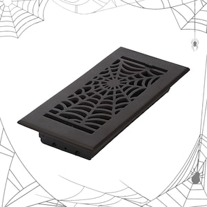 May include: A dark brown metal vent cover with a spiderweb design. The rectangular vent cover has a raised border and a detailed web pattern across the surface. Perfect for Halloween or spooky decor.