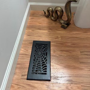 4"x10" Spooky Gothic Vent cover in Spider Web Design Cast Aluminum Floor/Wall register with detachable Steel Metal Louver | Powder Coated
