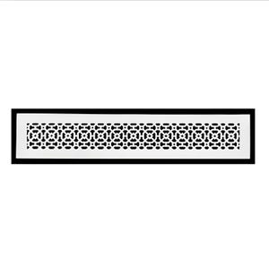May include: Rectangular white vent cover with a black geometric pattern and a black border. The pattern consists of repeating shapes, creating a decorative and symmetrical design. The vent cover is designed for air circulation.