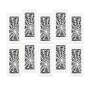 Puede incluir: Diez cubiertas de ventilación decorativas rectangulares blancas con un diseño de telaraña negra. Las telarañas están centradas dentro de los marcos rectangulares. Las rejillas están dispuestas en un patrón de cuadrícula sobre un fondo blanco. Ideal para la decoración de Halloween o gótica.