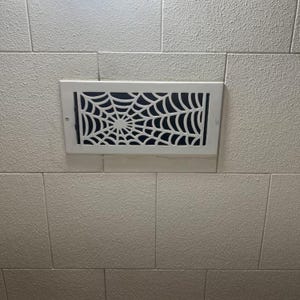 Könnte beinhalten: Weißer Lüftungsgitter mit einem schwarzen Spinnennetz-Design.