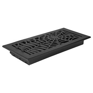 May include: Black metal floor register with a spiderweb design. The register has a rectangular shape and is approximately 12 inches long and 6 inches wide.