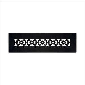 May include: Black metal vent cover with a geometric design. The vent cover is rectangular and has a repeating pattern of squares and circles.