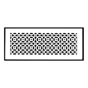 May include: A rectangular, black and white decorative vent cover. The cover features a repeating geometric pattern of interlocking shapes within a black frame. The design is symmetrical and modern, suitable for home decor.