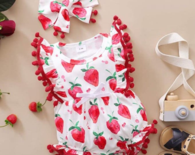 NEW ARRIVALS *** baby toddler girl sweet strawberry print Pom Pom romper