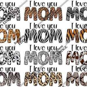 Archivos digitales - MAMÁ y Te amo, MAMÁ, letra doodle con estampado animal - Imágenes PNG para sublimación, descarga instantánea de 20 imágenes individuales