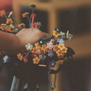 Könnte beinhalten: Eine Ansammlung kleiner, mehrfarbiger gehäkelter Blumen, die an dünnen, flexiblen Stielen befestigt sind. Die Blumen haben verschiedene Farben wie Gelb, Orange, Blau, Rosa und Grün und sind in einem Bündel angeordnet. Ein schwarzer Karabiner hängt an der Basis.