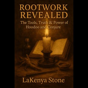 May include: Book cover for "Rootwork Revealed" by LaKenya Stone. The cover features a lit candle, an open book, and other tools of the trade. The title and author's name are in gold lettering against a dark background.