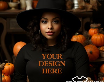 Fall T-Shirt Mockup, Black Woman Mockup, Black Girl Fall Mockup Black Bella Canvas 3501 Black Longsleeve T-shirt, Melanin Model Mock up