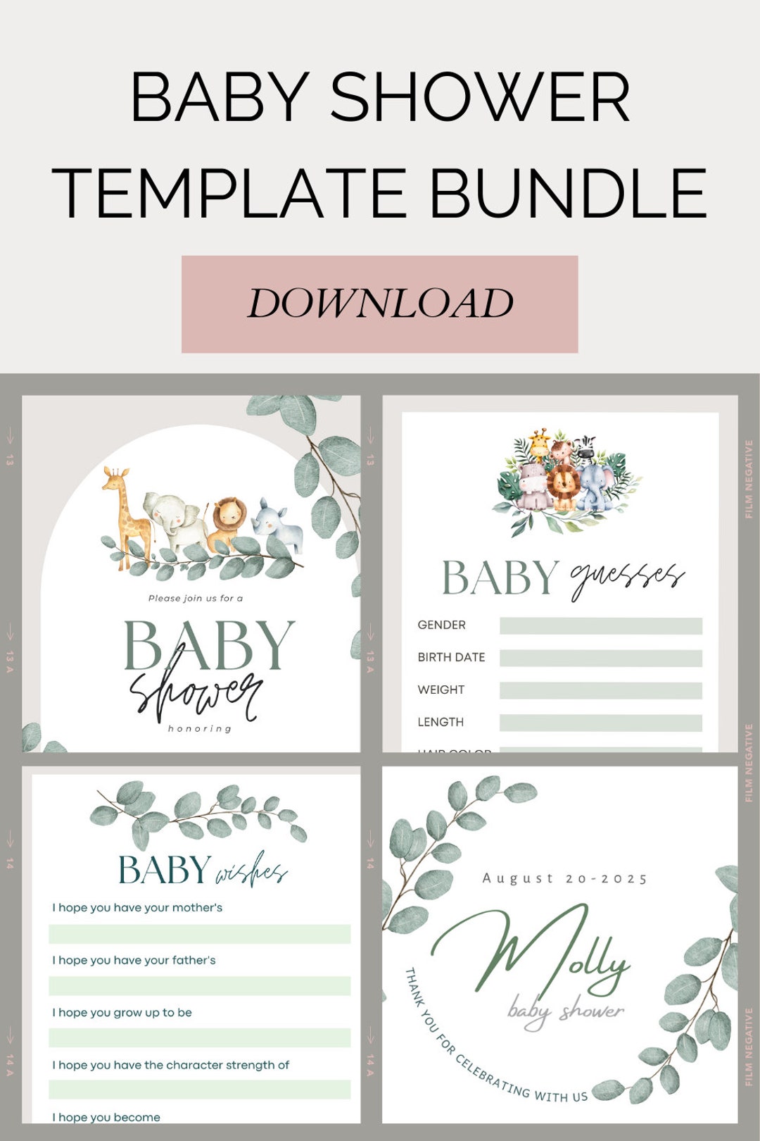 Neutral Baby Shower Template Bundle Invitations, Games, Stickers, and ...