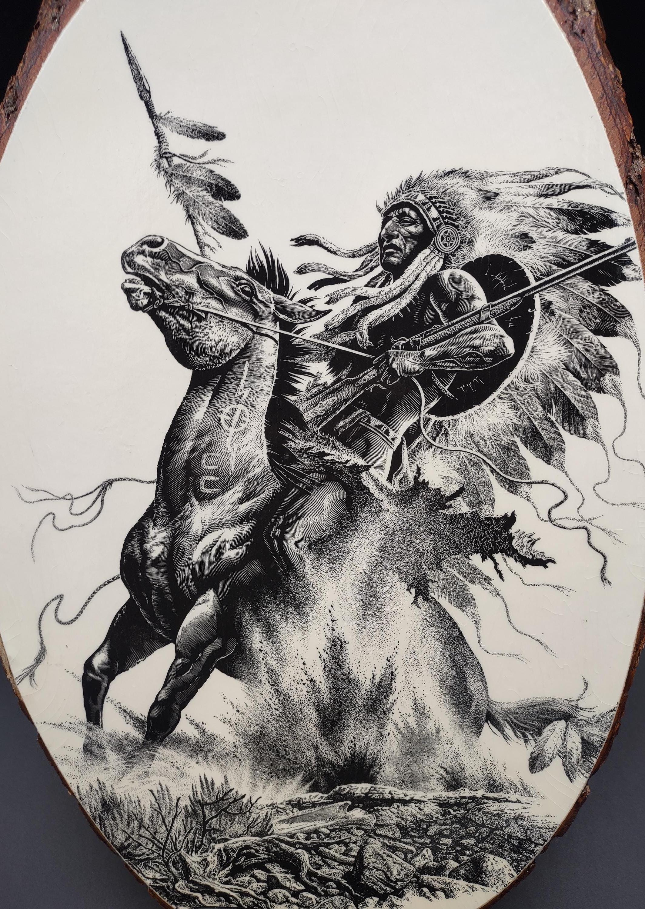 Native American Warrior on Horseback Print on Wooden Plaque, Has ...