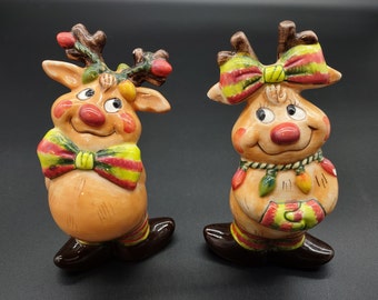 Reindeer Salt and Pepper Shakers by Clay Art, Bashful Boy and Girl, 5" H x 2.5" W, Rare, Vintage, Holiday S&P Shakers