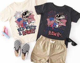 Chemise dinosaure rouge blanc et RAWR | T-shirt du 4 juillet pour enfants | Chemise patriotique de dinosaure | T-Rex USA | Tenue de fête de l'indépendance pour tout-petit
