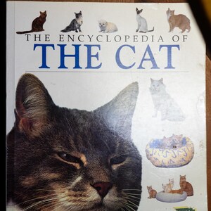 以下が含まれることがあります： 「The Encyclopedia of The Cat」というタイトルの本の表紙には、灰色のトラ猫の顔の大きなクローズアップ画像が描かれています。タイトルは大きな青い文字で書かれています。表紙には、さまざまな猫の品種と子猫のイラストも含まれています。