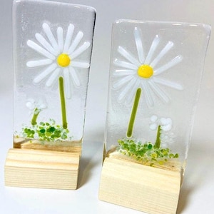 May include: Two glass daisy sculptures with white petals and yellow centres, set on wooden bases. The daisies have green stems and are surrounded by green and yellow accents. The clear glass gives a 3D effect.