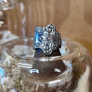 Puede incluir: Un anillo plateado con diseños florales ornamentados y arremolinados. El anillo se exhibe sobre un pequeño objeto cilíndrico de color marrón oscuro dentro de un recipiente de vidrio. La superficie del anillo refleja la luz, resaltando sus intrincados detalles y estética vintage.