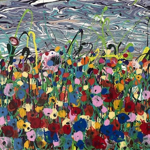 Colorful abstract flowers landscape painting, contemporary wall art, abstracted meadow canvas art, original bright fun art, wildflowers