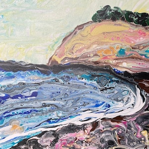 Small seascape painting, beach artwork, ocean coast view, acrylic pour art, colorful wall hanging, original painting, small wall art, gift