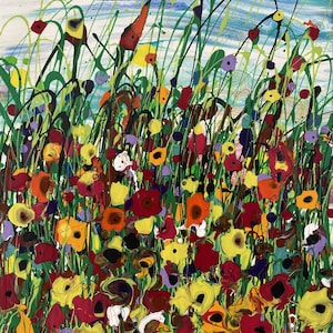 Colorful abstract flowers landscape painting, contemporary wall art, abstracted meadow canvas art, original bright fun artwork, wildflowers