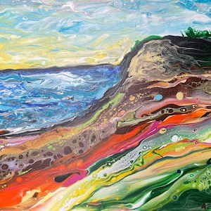 Small seascape painting, beach artwork, ocean coast view, acrylic pour art, colorful wall hanging, original painting, small wall art, gift