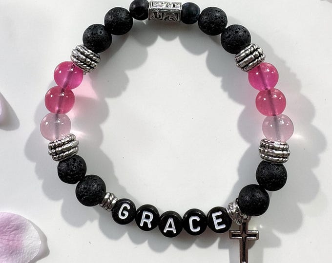 GRACE Scripture Bracelet, Lava Glass Beads, Stainless Steel Charms, Christian Gift (John 1:16)