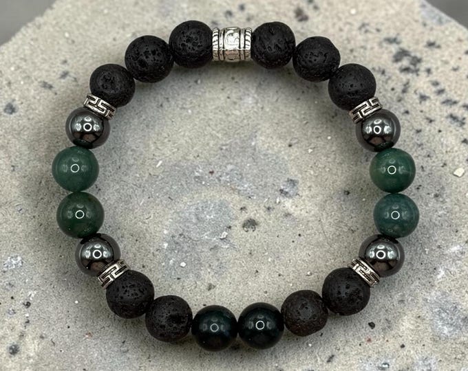 LEADER Scripture Bracelet, 10mm Lava, Green Agate, Hematite Gemstones (Luke 6:31)