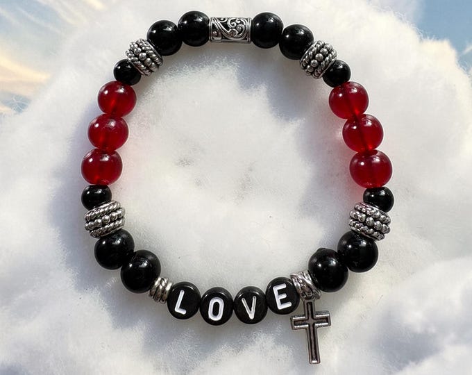 Handmade LOVE Scripture Bracelet, Lava Glass Beads, Stainless Steel Charms, Christian Gift