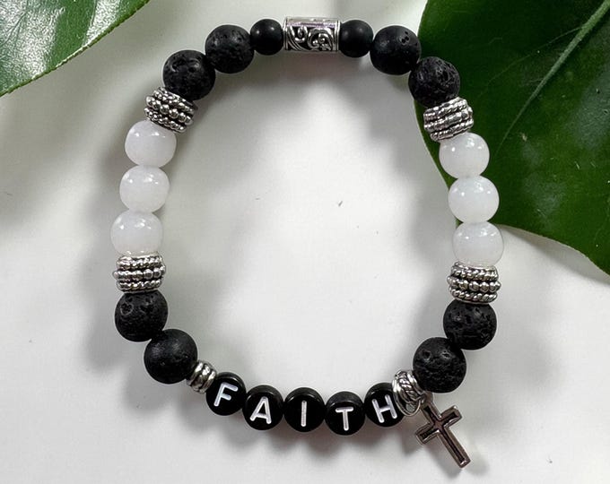 Handcrafted FAITH Scripture Bracelet, Lava Glass Beads, Stainless Steel Charms (Hebrews 11:1)