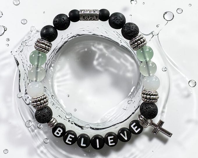 BELIEVE Scripture Bracelet, Lava Glass Beads, Stainless Steel Charms, Christian Gift (John 1:12)