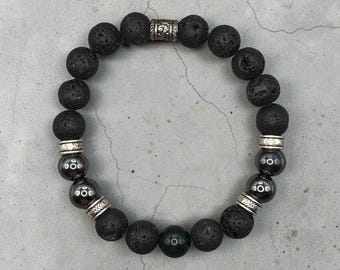 STRONG Beaded Scripture Bracelet, Mens Bracelet, Large Beads, Faith Gift, 10mm Lava Stone Green Agate Hematite Gemstones (Philippians 4:13)