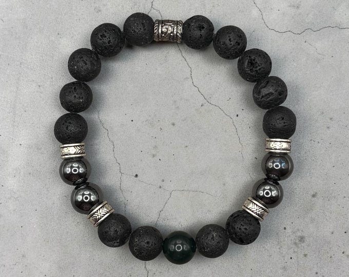 STRONG Beaded Scripture Bracelet, Mens Bracelet, Large Beads, Faith Gift, 10mm Lava Stone Green Agate Hematite Gemstones (Philippians 4:13)