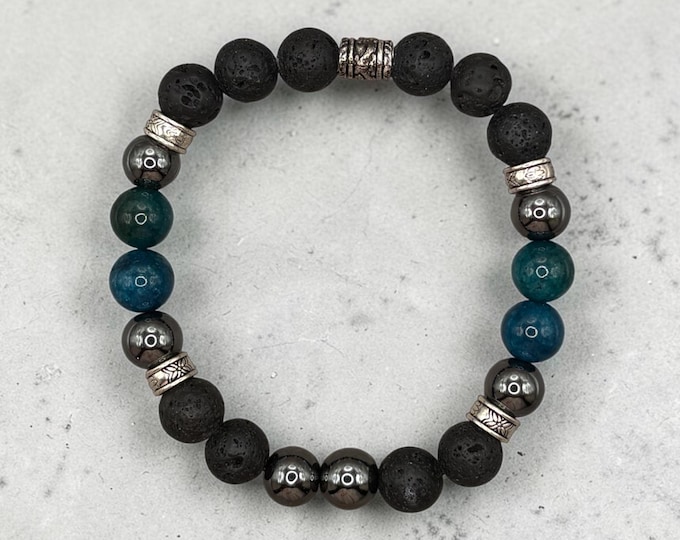 LOYAL Scripture Bracelet, 10mm Lava, Blue Moss, Hematite Gemstones (Luke 16:10)