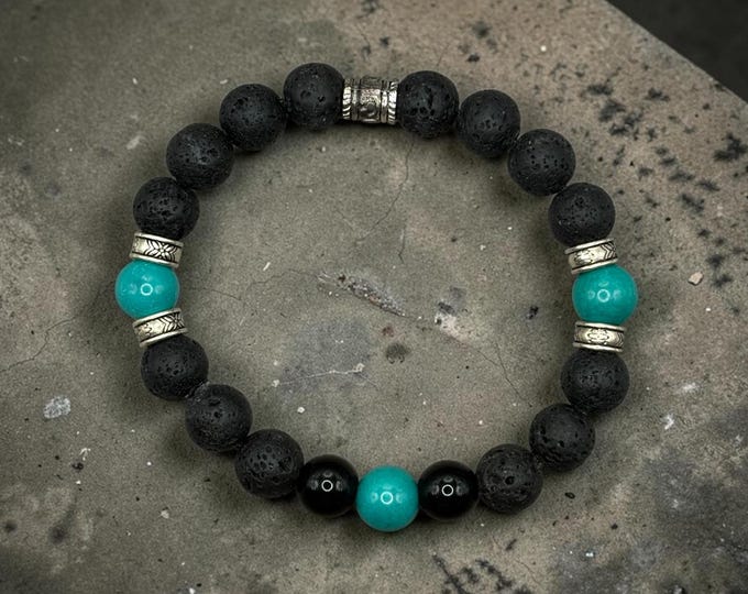 STEADY Beaded Scripture Bracelet, Mens Jewelry, Large Bead Bracelet, 10mm Lava Stone, Turquoise, Obsidian Gemstones (1 Corinthians 15:58)